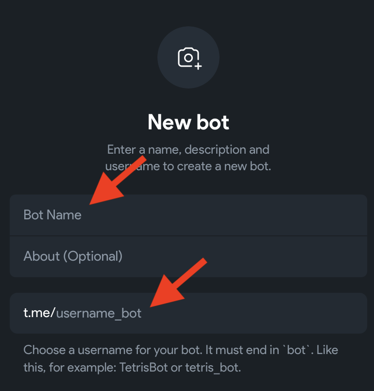 Форма создания бота в BotFather